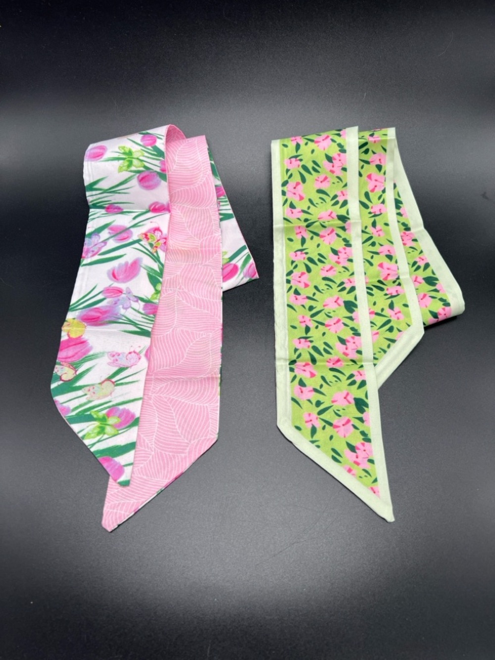 Floral Skinny Scarf Twilly Like Head Wrap Pink, Green & White Set/2 Tulip & Lily